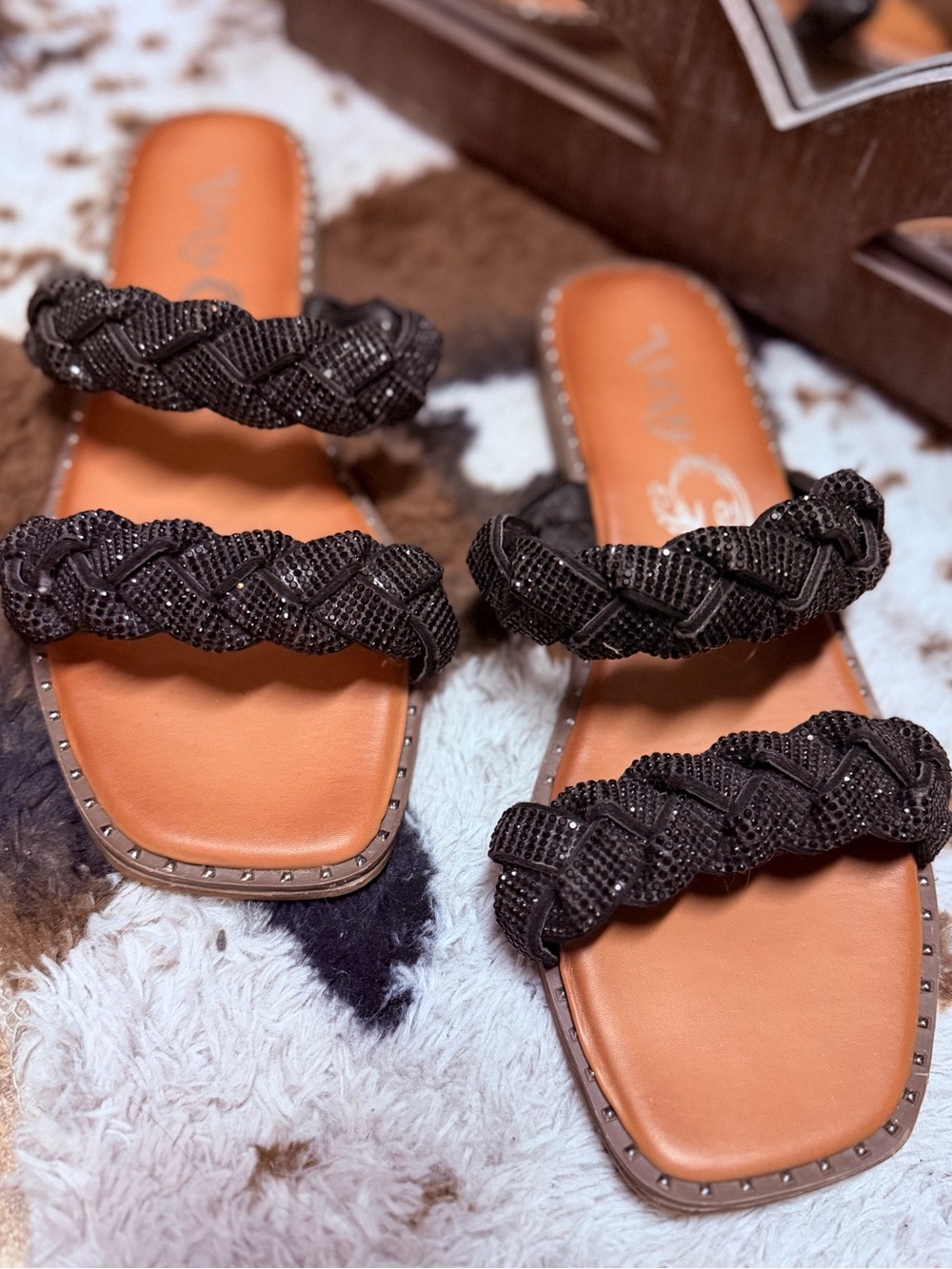 Very G Black Braided Double-Strap Slide Sandals